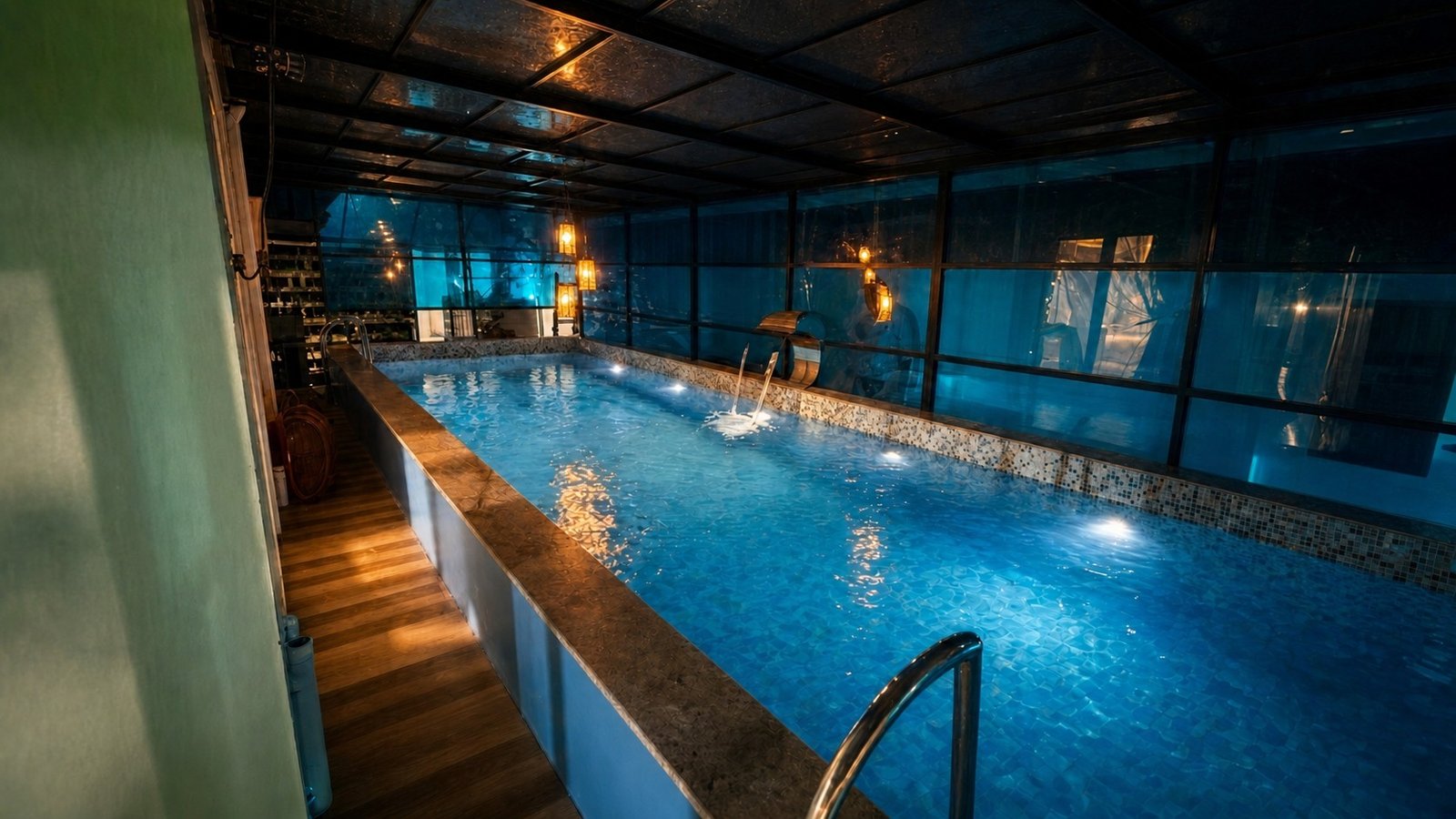 Illuminated pool at Mayooram